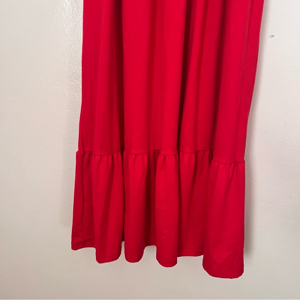 Red Solid Self-Tie Smocked Maternity Midi Dress - image 8